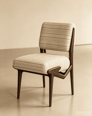 An armless dining chair featuring a dark wooden frame and striped upholstered seat and backrest. — 3D model