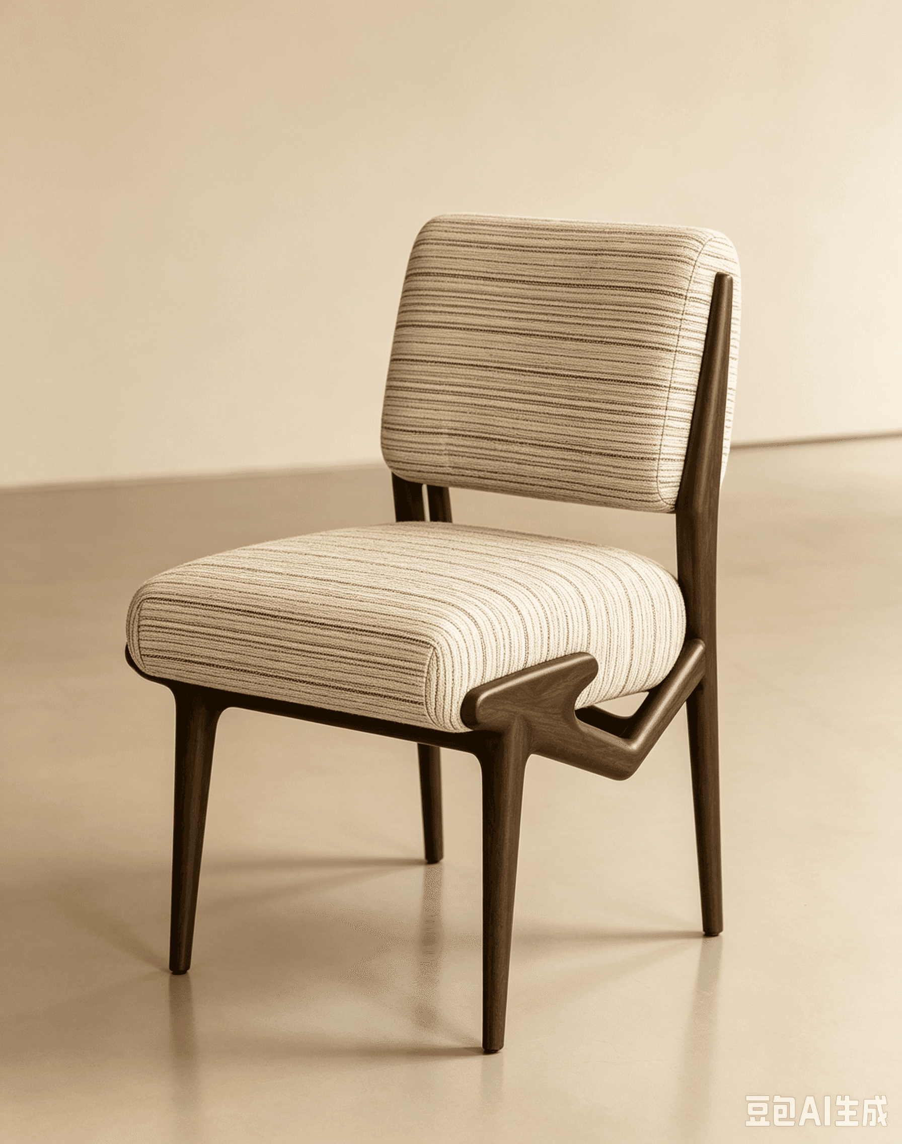 An armless dining chair featuring a dark wooden frame and striped upholstered seat and backrest. — 3D model