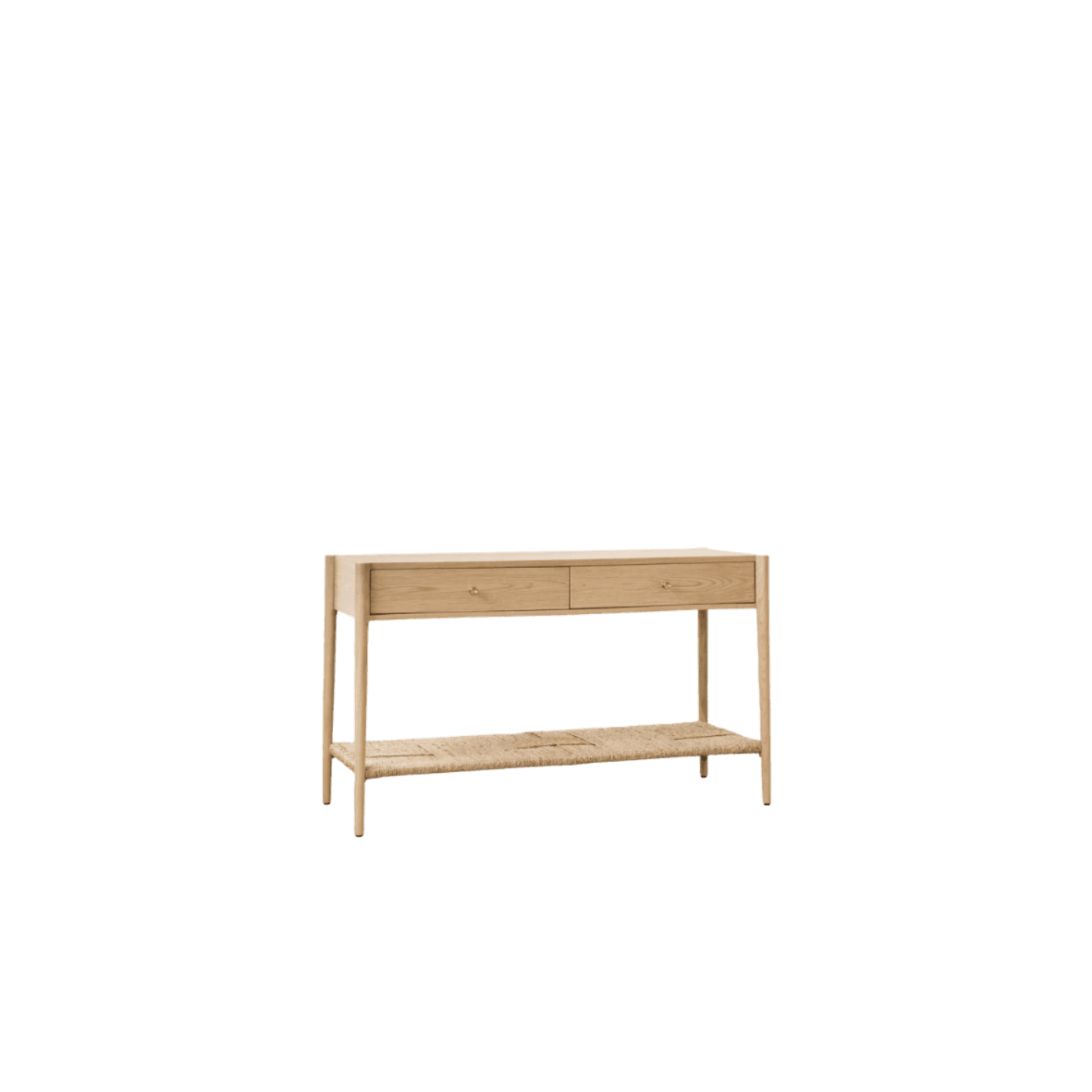 A narrow console table made of light-colored wood. It features a rectangular top with two drawers, each equipped with a small, round, gold-toned knob. The table has four slender legs that extend down to support a lower shelf. This lower shelf is constructed from woven material, possibly cane or rattan, creating a textured surface. — 3D model