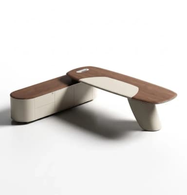 A modern executive desk featuring an elongated, asymmetrical wooden top with an integrated light-colored leather writing pad, supported by a curved pedestal leg and an attached low credenza with storage compartments. — 3D model
