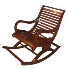 A classic wooden rocking chair with a rich, dark brown finish, featuring a slatted back and seat, and elegantly curved armrests, designed for comfort and gentle motion. — 3D model