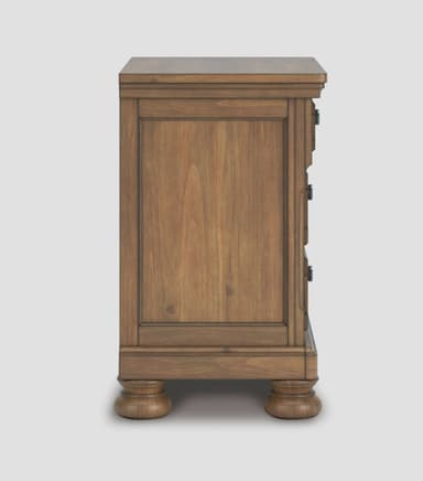 A transitional style nightstand crafted from wood with a rich brown finish, featuring a sturdy top surface, solid side panels, and distinctive turned bun feet. — 3D model