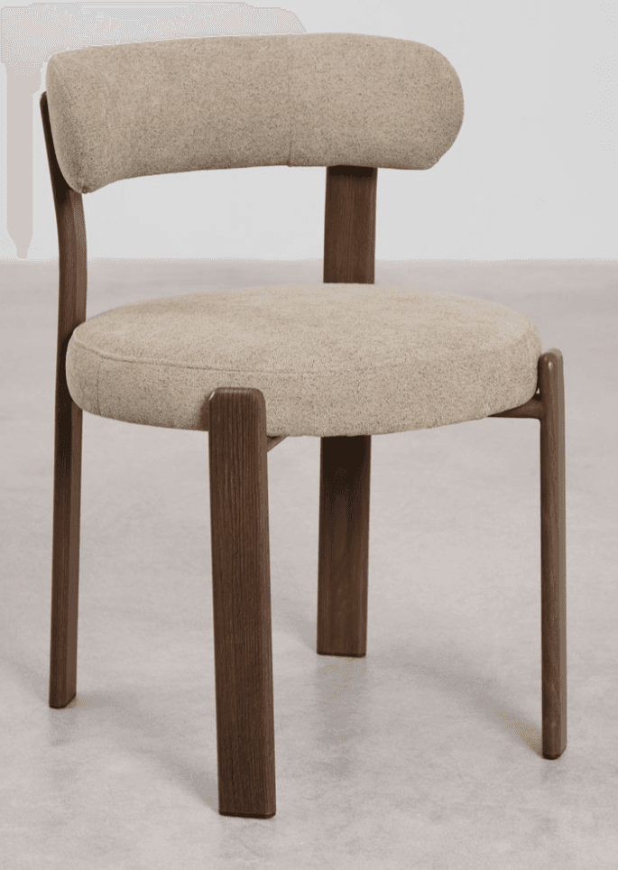 A contemporary chair with a curved upholstered backrest and a circular upholstered seat. The chair features a dark wooden frame with four legs, two of which are visible in the front and appear thicker and angled. The upholstery is a textured, light beige fabric. The overall design is minimalist and modern. — 3D model