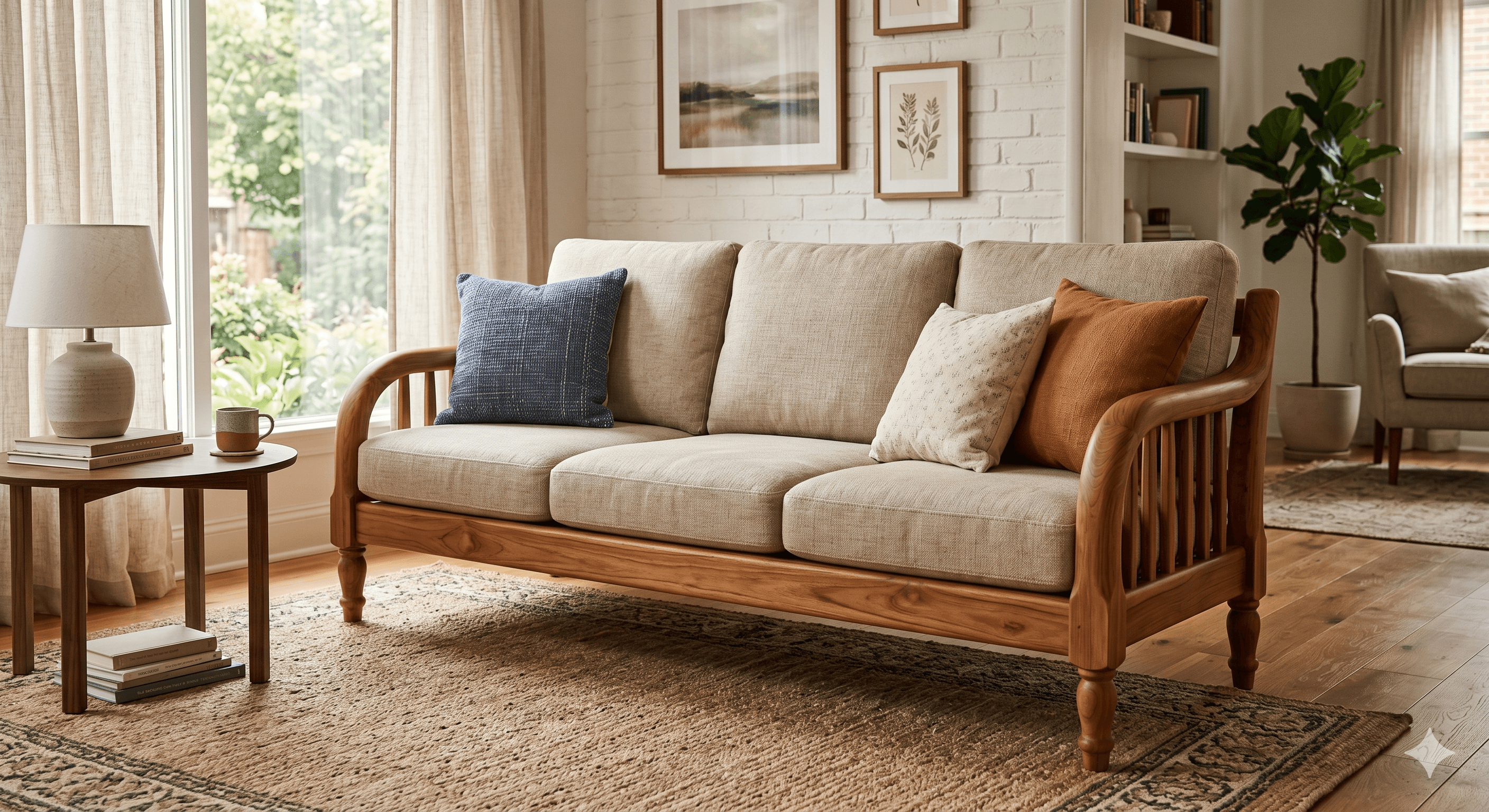 A three-seater sofa featuring a natural light-toned exposed wooden frame, likely teak, with turned legs and slatted back and armrest details. It is fitted with thick, removable light beige upholstered seat and back cushions, and accessorized with three decorative throw pillows in blue, cream, and rust colors. — 3D model