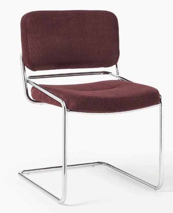 A modern cantilever chair featuring a tubular chrome frame and burgundy corduroy upholstery on both the seat and backrest. The design emphasizes a clean, minimalist aesthetic with a focus on functional comfort. — 3D model