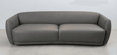 A modern two-seater loveseat upholstered in smooth gray leather, featuring a curved back and integrated armrests. The sofa has a sleek, low-profile design with no visible legs, and the seating consists of two plush, distinct cushions. — 3D model