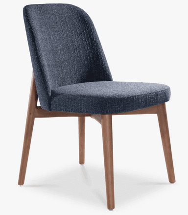 A modern dining chair with a curved backrest and upholstered seat and back. The chair has a wooden frame with four tapered legs. — 3D model