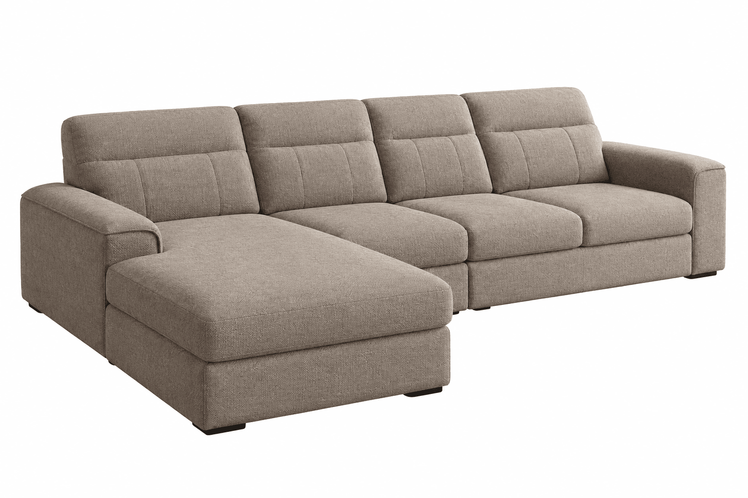 A contemporary sectional sofa featuring a left-hand facing chaise lounge, upholstered in a textured beige or taupe fabric. The sofa comprises multiple modular units, including the chaise and several regular seating sections. Each back cushion displays subtle horizontal tufting, contributing to a tailored look. The arms are wide and gently curved at the front, offering a comfortable resting surface. The piece sits on low-profile black feet, giving it a grounded appearance. The overall design emphasizes comfort and modern functionality, suitable for a relaxed living environment. — 3D model