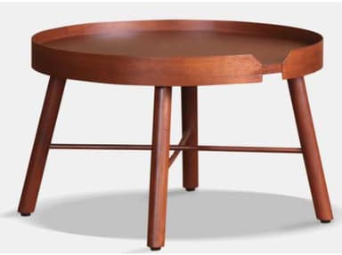 A round, wooden side table with a tray-style top featuring a raised lip and a small cutout. It stands on three splayed legs reinforced by a lower crossbar. — 3D model