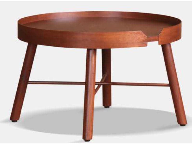 A round, wooden side table with a tray-style top featuring a raised lip and a small cutout. It stands on three splayed legs reinforced by a lower crossbar. — 3D model