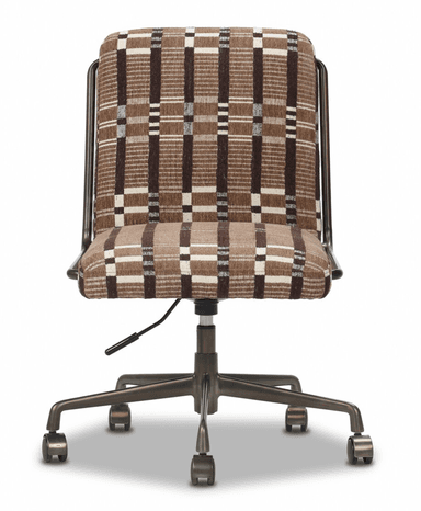 An armless swivel office chair featuring a brown, beige, and white plaid-patterned fabric upholstery. The chair is supported by a five-star base with casters and a pneumatic lift for height adjustment, all constructed from a dark bronze or gunmetal finished metal. The backrest and seat are generously padded. — 3D model