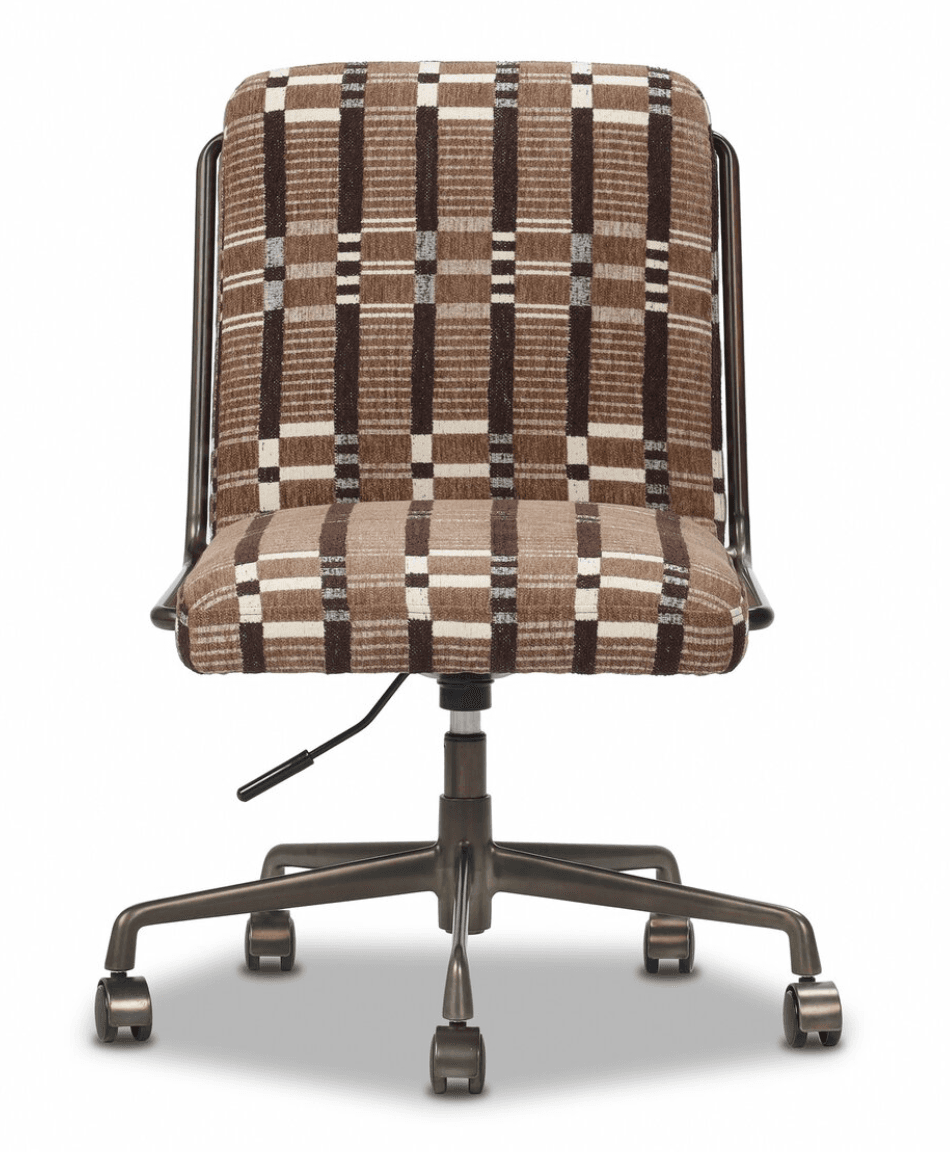An armless swivel office chair featuring a brown, beige, and white plaid-patterned fabric upholstery. The chair is supported by a five-star base with casters and a pneumatic lift for height adjustment, all constructed from a dark bronze or gunmetal finished metal. The backrest and seat are generously padded. — 3D model