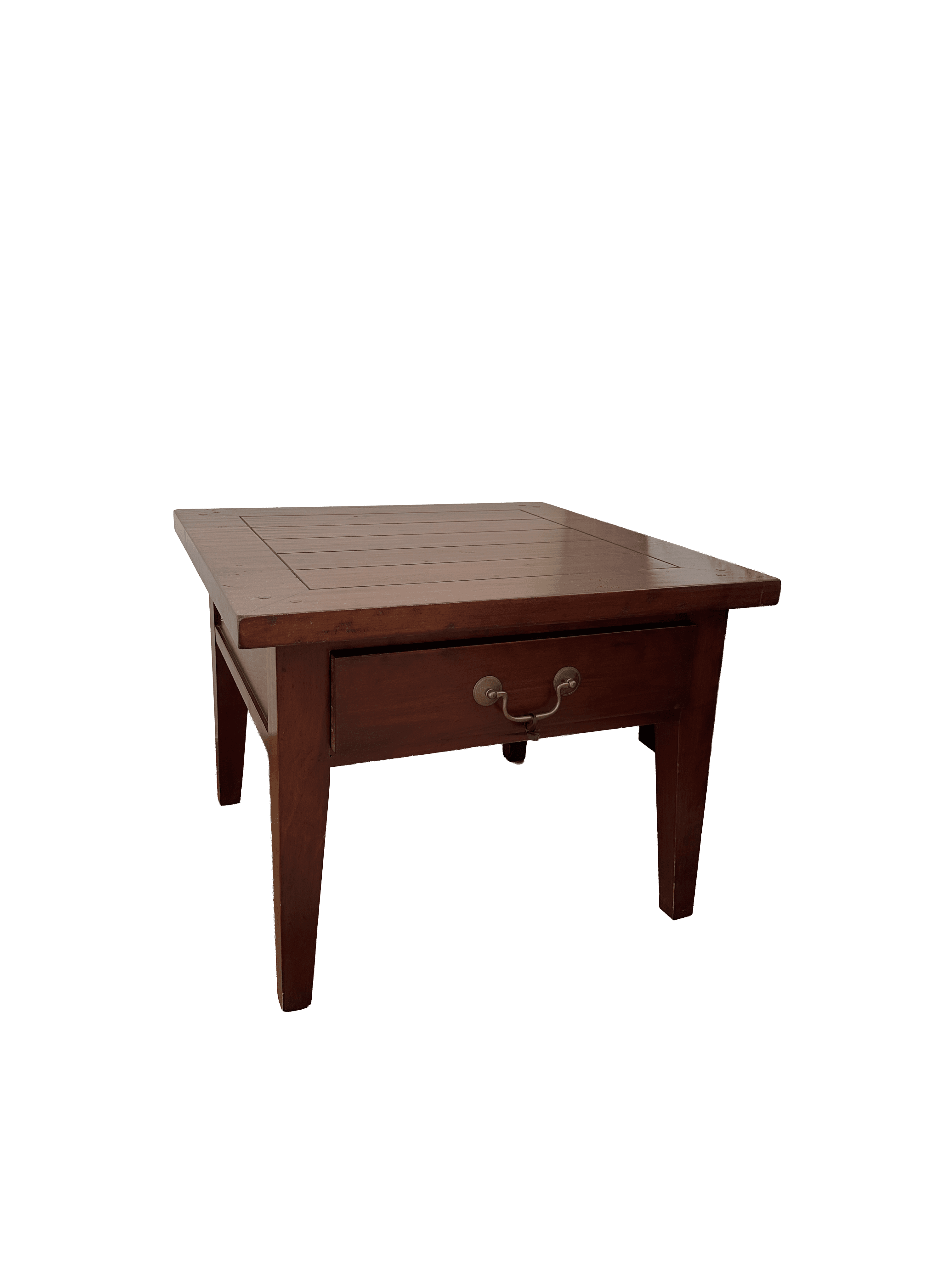A rectangular wooden end table with a single drawer. The tabletop has a slatted surface with a decorative border. The drawer is fronted by a brass pull handle and has a small lock mechanism. The table stands on four tapered legs. — 3D model
