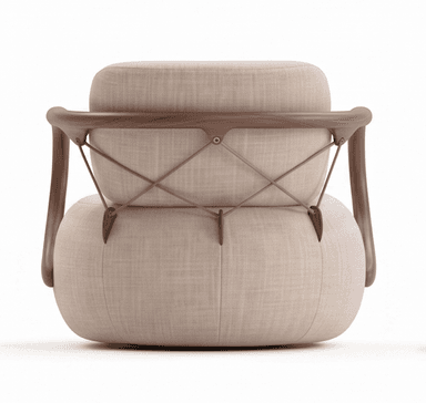 A contemporary lounge chair featuring a plush, rounded, upholstered seat and backrest, supported by an exposed wooden armrest frame and a unique metal rod and strap suspension system for the backrest. The design emphasizes organic forms and a sophisticated interplay of materials. — 3D model