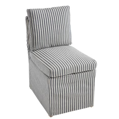 A single-seater armchair upholstered in a striped fabric. The armchair has a high back and a separate cushion for the seat. The upholstery features a repeating pattern of thin, dark blue or gray stripes alternating with white or cream stripes. The base of the armchair is covered by the upholstery, with very short, light-colored wooden feet visible at the bottom corners. — 3D model