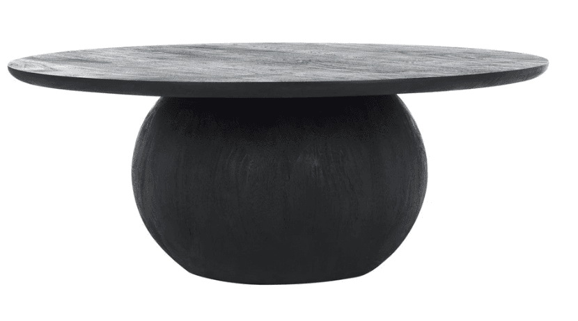 A modern coffee table with a distinctive design. It features a flat, oval-shaped tabletop with a slightly beveled edge, supported by a large, spherical base. The base has a textured finish, giving it a tactile quality. The overall aesthetic is minimalist and sculptural. — 3D model