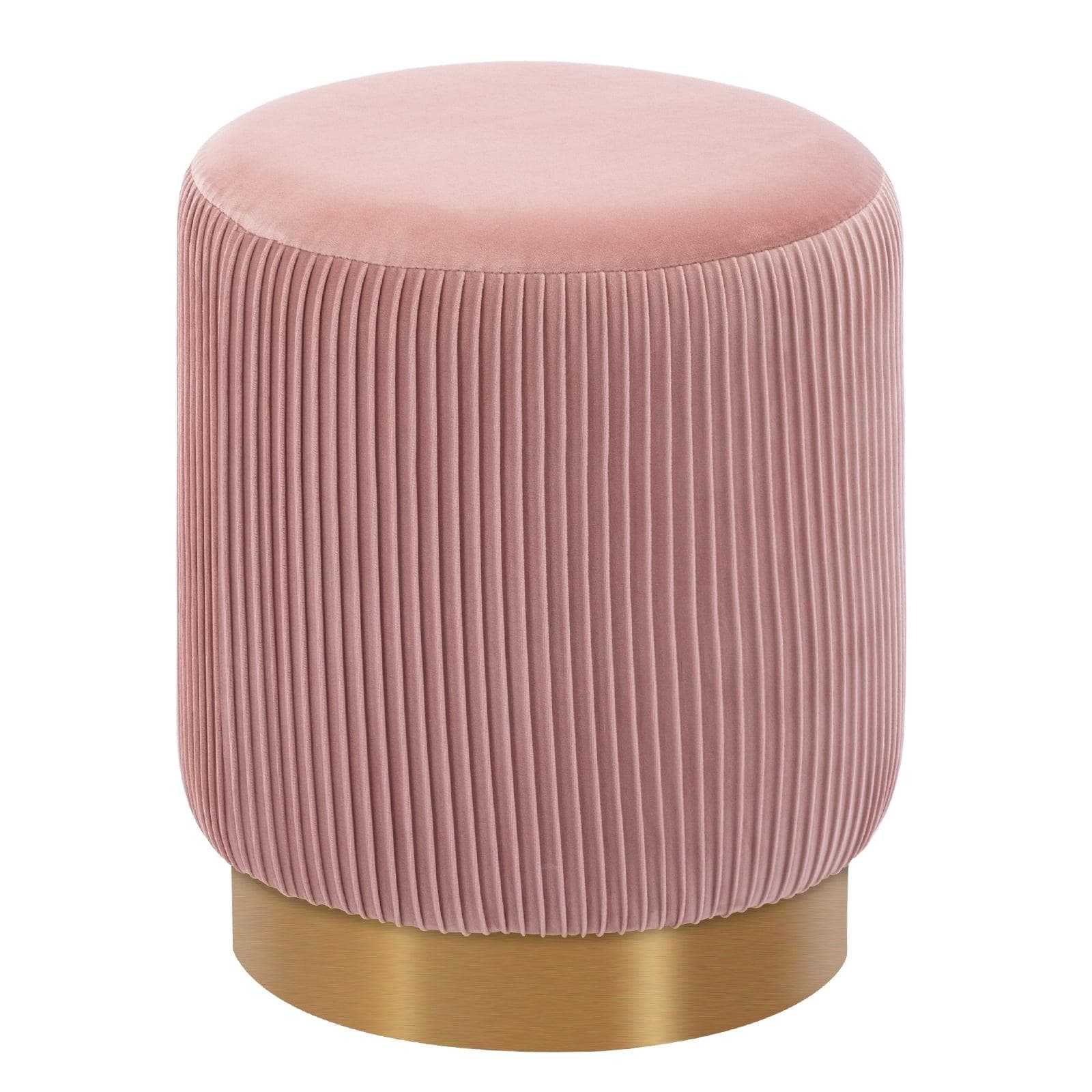 A cylindrical ottoman featuring a plush, smooth pink velvet top cushion. The body is upholstered in matching pink velvet, meticulously pleated vertically around its circumference, creating a textured and elegant appearance. The ottoman rests on a low, cylindrical base crafted from polished brass or a brass-finished metal, providing a striking contrast in material and color. The overall design suggests a blend of contemporary and glam aesthetics. — 3D model