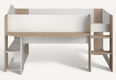 A loft bed designed with integrated desk and shelving space. The bed frame is elevated, with a desk surface extending from the front. Stair access is provided on the right side, with shelving integrated beneath the desk on the left. The construction features a combination of white and wood-grain finishes. — 3D model