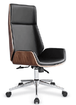 A modern high-back executive office chair featuring a black upholstered seat and back, encased by a bentwood frame with a walnut veneer finish. The chair includes integrated armrests, a pneumatic lift for height adjustment, and a chrome-plated five-star base fitted with black casters for mobility. The design combines ergonomic function with a sleek, contemporary aesthetic. — 3D model