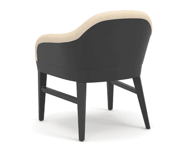 A contemporary armchair featuring a continuous upholstered seat, back, and integrated armrests in a light beige fabric. The upholstery is supported by a sturdy wooden frame finished in a dark, possibly black or espresso, color. The chair has straight front legs and subtly splayed rear legs, with horizontal stretchers connecting the legs for stability. — 3D model