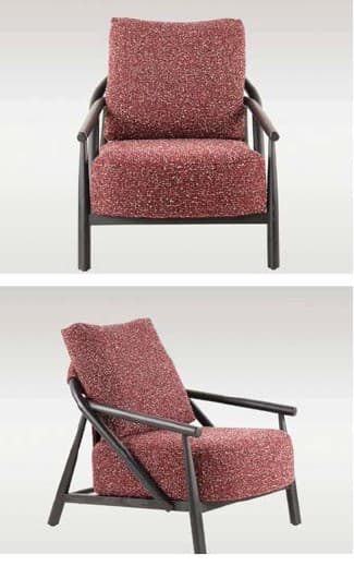 A contemporary lounge chair featuring a dark-stained wooden frame with rounded edges and separate backrest and seat cushions upholstered in a textured, speckled reddish-brown fabric. — 3D model