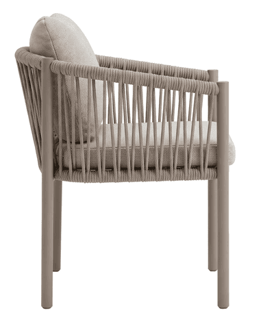 A modern armchair featuring a sleek metal frame with armrests and backrest wrapped in tightly woven rope. It includes comfortable, removable cushions for the seat and back, upholstered in a light gray textured fabric. The chair has straight, slender legs. — 3D model
