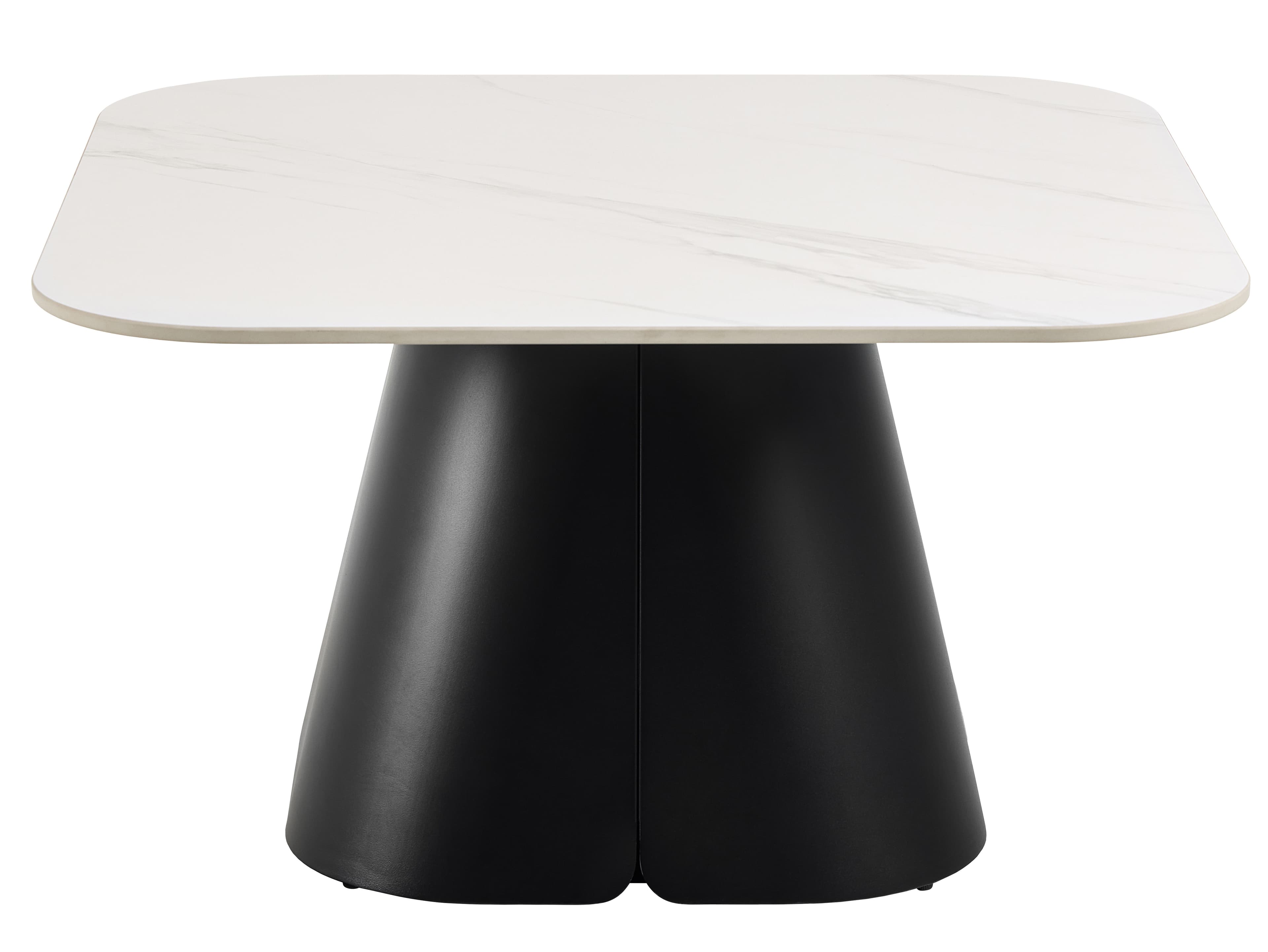 A modern table featuring a rectangular top with softly rounded corners, made of a white material exhibiting subtle gray veining, resembling marble. The tabletop is supported by a single, substantial pedestal base, which is matte black and tapers upwards from a wider, stable foundation to a narrower top, creating a contemporary silhouette. — 3D model
