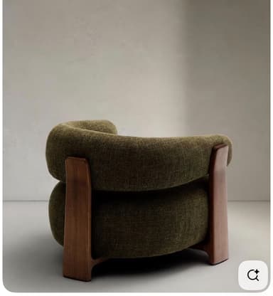 A contemporary lounge chair featuring a rounded, organic silhouette, upholstered in a textured moss green fabric, and supported by a dark, exposed wooden frame that also forms part of the armrests. — 3D model