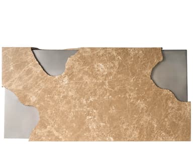 A modern sculptural coffee table featuring a dominant block of veined brown marble, accented with irregular cut-outs revealing a dark surface and a contrasting silver-grey base/side. The design emphasizes natural materials and organic forms. — 3D model