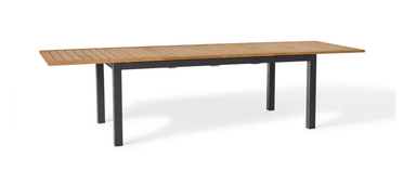 A contemporary rectangular dining table featuring a light-toned slatted wood tabletop that appears to be extendable, supported by a sturdy dark grey or black metal frame with straight, square-profile legs. The slatted design and robust materials suggest its suitability for outdoor environments. — 3D model