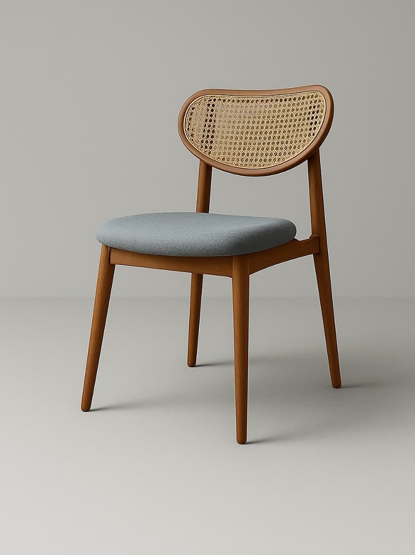 A modern Scandinavian-style dining chair featuring a natural wood frame, a distinctive curved backrest with cane webbing, and a light blue upholstered seat. — 3D model