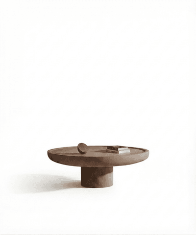 A low, round coffee table made of wood, featuring a thick, smooth tabletop with a subtly raised edge, supported by a cylindrical pedestal base with vertical fluting. The finish is a natural, warm brown wood tone. — 3D model