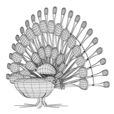 A wireframe model of a decorative armchair designed to resemble a peacock. The base of the chair is a rounded, low-profile seat. Rising from behind and above the seat is a fan-like structure composed of numerous elongated, oval shapes supported by thin, branching supports, mimicking the train of a peacock's tail. The overall design is stylized and artistic, suggesting a novelty or statement piece. — 3D model
