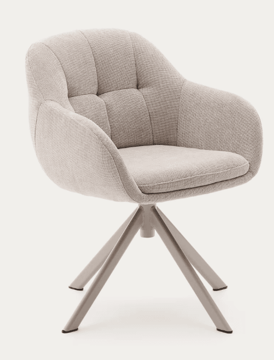 An upholstered swivel armchair featuring a curved, bucket-style seat and backrest, integrated armrests, and a four-leg metal base. The upholstery is a light beige/greige textured fabric with subtle button tufting on the back. The base is finished in a matte grey and includes floor-protecting glides. — 3D model