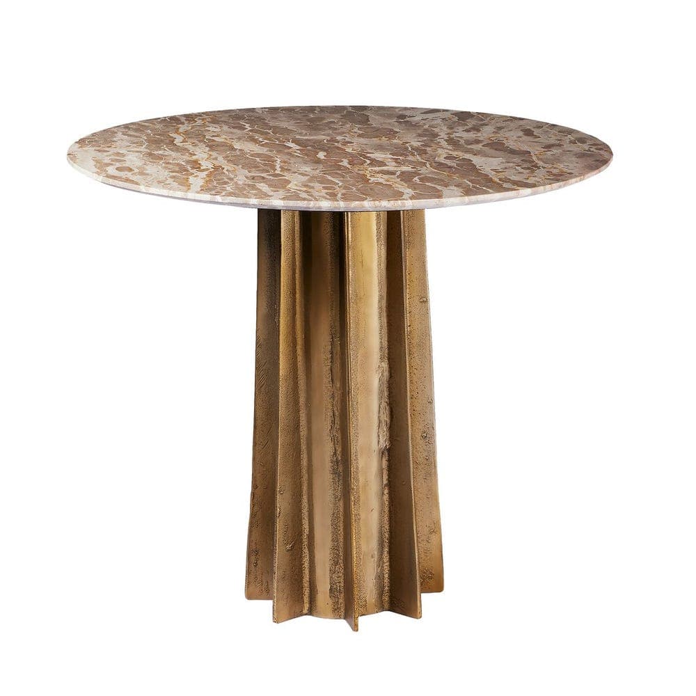 A round dining table with a marble top and a sculptural metal pedestal base. The tabletop features a swirling pattern of brown and beige tones. The base is cylindrical with a fluted design, finished in a textured, antique brass color. — 3D model