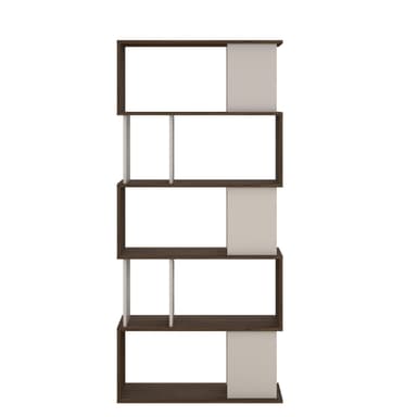 A tall, five-tier modern bookshelf featuring an asymmetrical design. It is constructed from dark wood-grain material for the horizontal shelves and outer frame, with contrasting light beige/off-white vertical dividers creating open cubby-like compartments. The unit is designed for vertical placement and offers open storage and display. — 3D model