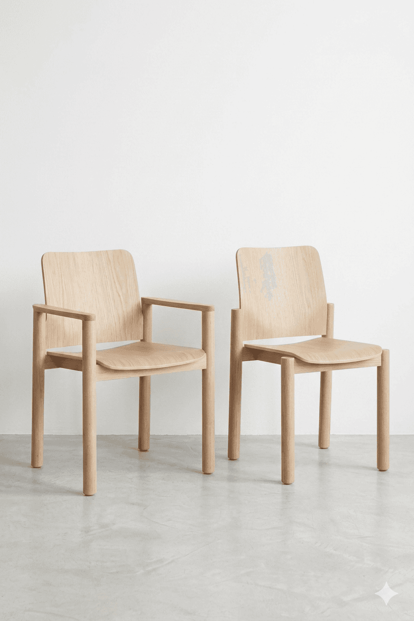 Two contemporary wooden chairs are positioned against a plain white background. The chair on the left features armrests, while the chair on the right does not. Both chairs have simple, clean lines with gently curved seats and backrests. The construction appears to be primarily of solid wood, possibly oak, with a natural, light finish. — 3D model