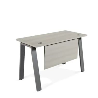 A modern desk with a light wood grain surface and dark gray angled legs. It features a modesty panel in the center and two circular cutouts on the surface, likely for cable management. — 3D model