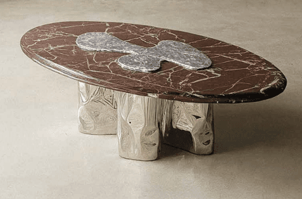 An oval-shaped coffee table featuring a polished brown marble top with prominent white veining. An abstract, irregular-shaped inlay of lighter grey stone is centered on the tabletop. The table is supported by a sculptural, three-pronged metallic base with an organic, uneven, and reflective surface finish, likely polished chrome or nickel, giving it a fluid appearance. — 3D model