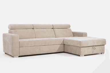 A light beige upholstered contemporary sectional sofa with a right-facing chaise lounge. The sofa features adjustable headrests, segmented back cushions, and integrated storage within the chaise, indicated by a pull handle. It rests on short, polished rectangular metal feet. — 3D model