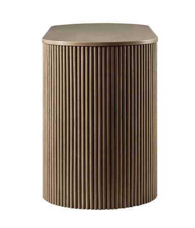 A contemporary semicircular console table crafted from light-toned wood. It features a smooth, half-moon shaped tabletop and two robust, fluted pedestal-style supports that are also rounded on their outer faces, creating a unified and textural aesthetic. The design is minimalist yet detailed, with a consistent wood grain visible across all surfaces. — 3D model