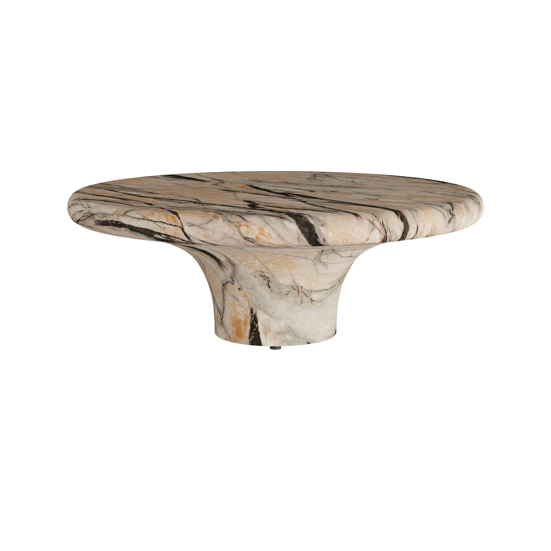 A round coffee table crafted entirely from a single block of natural marble, featuring a distinctive multi-tone veining pattern in cream, gold, brown, and black. The table design incorporates a thick, rounded tabletop supported by a sculptural, trumpet-shaped pedestal base. — 3D model