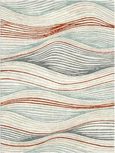 A rectangular rug with a modern abstract wave pattern. The pattern features multiple parallel wavy lines in varying shades of grey, light blue, and rust orange on a cream-colored background. The rug appears to be made of woven material with a low pile. — 3D model