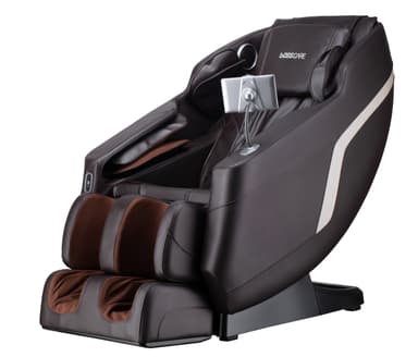 A sophisticated full-body electric massage chair, featuring a contemporary ergonomic design. It is upholstered in dark brown synthetic leather with contrasting lighter brown fabric accents on the inner cushioning and footrest area. The chair includes a robust base, integrated armrests, a built-in foot and leg massager, and a silver-colored control panel mounted on a flexible arm. Speaker grilles are visible near the headrest, indicating integrated audio capabilities. — 3D model