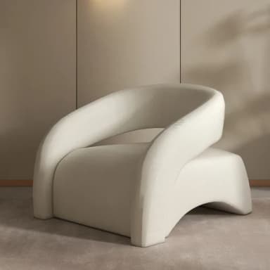 A modern, sculptural accent chair featuring a seamless, U-shaped backrest and armrests that flow into a solid, block-like base. The chair is fully upholstered in a textured, off-white or cream fabric, presenting a monolithic and minimalist aesthetic. — 3D model