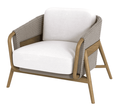 A contemporary lounge chair featuring an open wooden frame, woven rope back and sides, and thick white fabric cushions. — 3D model