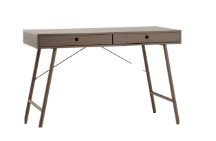 A contemporary desk with a rectangular top and two drawers. The desk features tapered legs and a minimalist design. The legs are made of metal and are angled outwards, connected by thin crossbars. The tabletop is a muted greyish-brown, and the drawer fronts have small, round handles. — 3D model