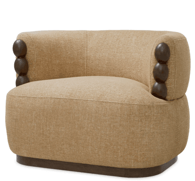 A single-seater armchair with a rounded, upholstered body and a wooden base. The armchair features upholstered arms with decorative wooden elements stacked vertically on the exterior side of each armrest. The upholstery has a textured, woven appearance. The base is a dark, solid wood circular plinth. — 3D model