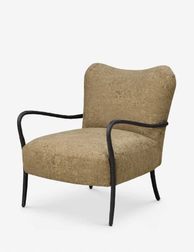 An upholstered accent armchair featuring a high, slightly curved backrest. The chair is covered in a textured fabric with a subtle floral or botanical pattern, in shades of beige, brown, and olive green. It has dark, tapered legs that splay slightly outwards. The armrests are partially visible from the side and appear integrated into the upholstered body. The design suggests a blend of classic comfort with mid-century modern leg styling. — 3D model