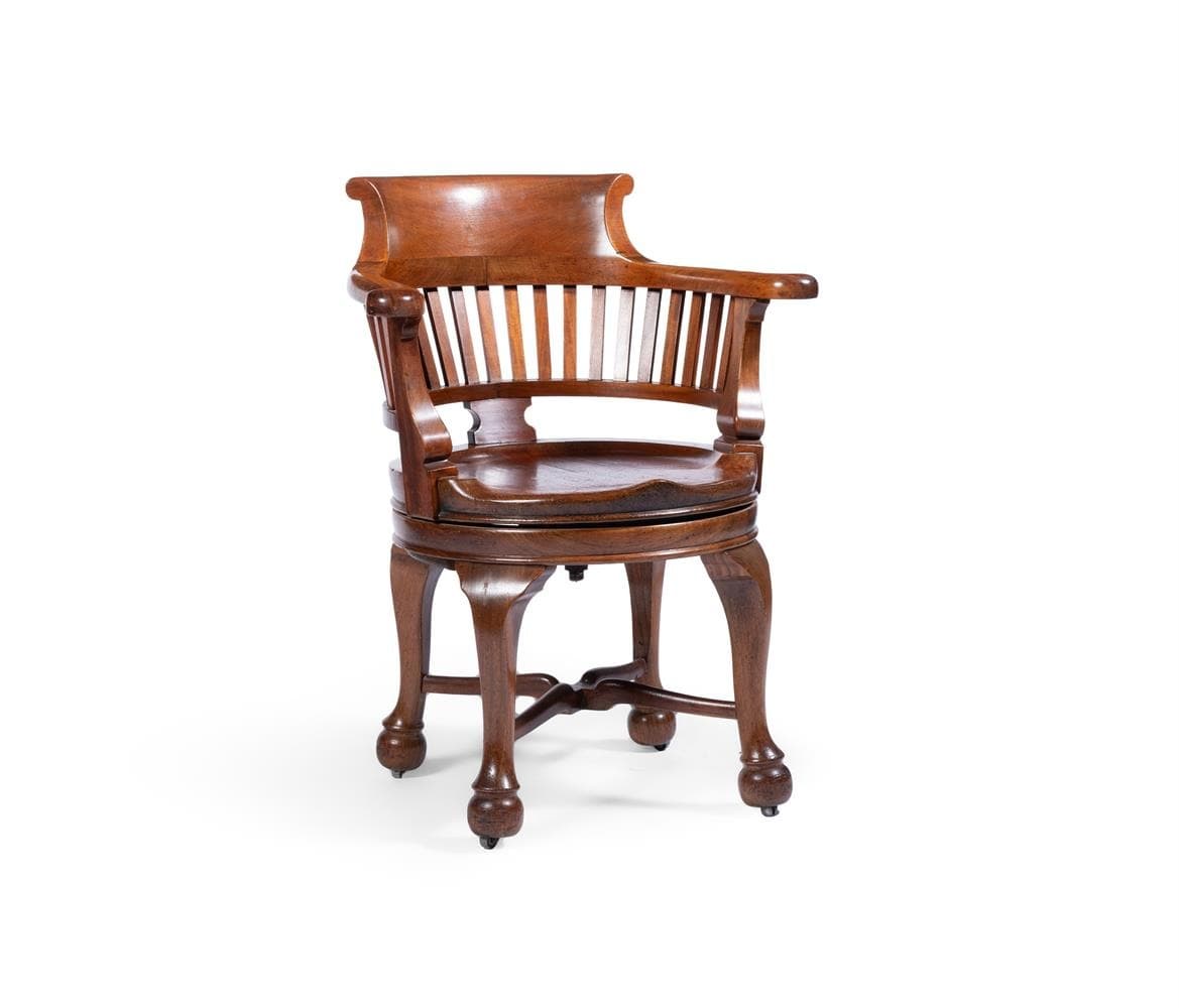 A swivel desk chair crafted from wood, featuring a curved backrest with vertical slats, armrests, and a circular seat. The chair is supported by four legs that extend from a central swivel mechanism and terminate in casters. The design suggests a traditional or vintage aesthetic. — 3D model